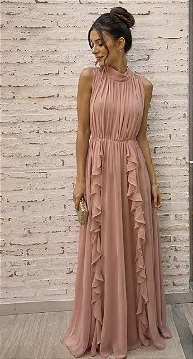 VESTIDO LONGO CREPE DE SEDA GOLA ALTA PLISSADA SAIA C/ BABADOS VERTICAIS ROSÊ