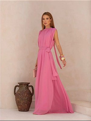 VESTIDO LONGO CREPE DE SEDA GOLA ALTA FRANZIDO FRENTE AMARRAÇÃO COSTAS PINK