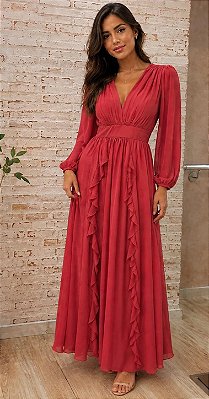 VESTIDO LONGO CREPE DE SEDA DECOTE V DRAPEADO MANGA LONGA PALA CINTURA SAIA BABADOS VERTICAIS TERRACOTA