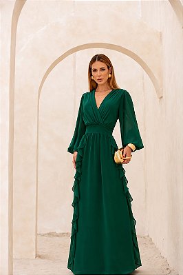 VESTIDO LONGO CREPE DE SEDA DECOTE V DRAPEADO MANGA LONGA PALA CINTURA SAIA BABADOS VERTICAIS VERDE ESMERALDA