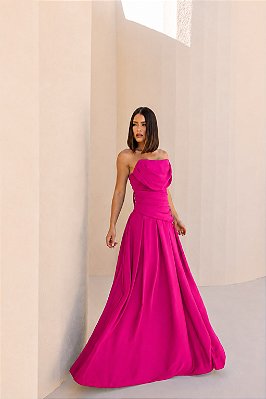 VESTIDO LONGO CRIFFON SEM ALÇA BUSTO CORSET C/ DECOTE CANOA DETALHE DRAPEADO CINTURA PINK