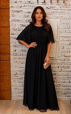 VESTIDO LONGO CREPE DE SEDA GOLA ALTA ARREDONDADA DETALHE FRANZIDO BUSTO MANGA NO ESTILO CAPA PRETO