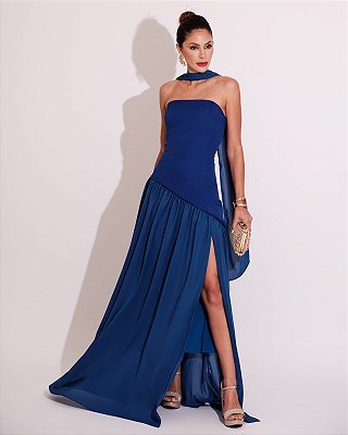 VESTIDO TOMARA QUE CAIA CREPE COM SAIA DE TULE AZUL ROYAL