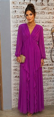 VESTIDO LONGO CREPE DE SEDA DECOTE V MANGA LONGA PALA BUSTO SAIA BABADOS VERTICAIS FUCSIA