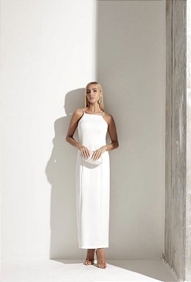 VESTIDO MIDI DECOTE QUADRADO ALÇA FINA C/ BRILHO FRENTE ÚNICA