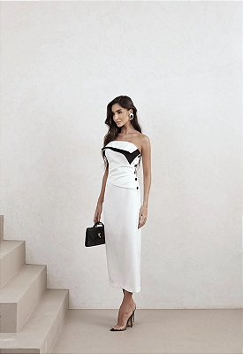 VESTIDO MIDI TOMARA QUE CAIA DETALHE BUSTO DOBRADO DRAPEADO CINTURA BRANCO