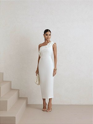 VESTIDO MIDI OMBRO SÓ DECOTE ASSIMÉTRICO PALA BUSTO E OMBRO DOBRADO BRANCO