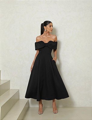 VESTIDO MIDI OMBRO A OMBRO DECOTE FORMATO LAÇO SAIA EVASÊ PRETO