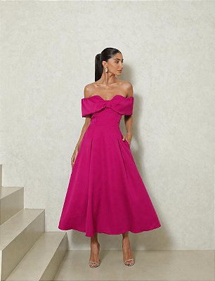 VESTIDO MIDI OMBRO A OMBRO DECOTE FORMATO LAÇO SAIA EVASÊ ROXO