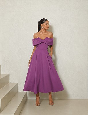 VESTIDO MIDI OMBRO A OMBRO DECOTE FORMATO LAÇO SAIA EVASÊ ROXO