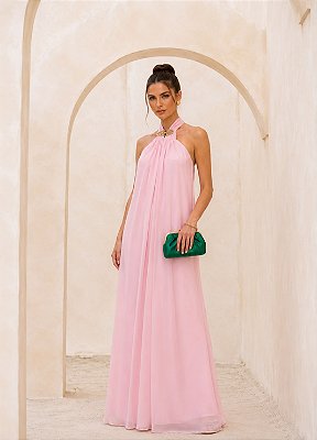 VESTIDO LONGO CHIFFON GOLA ALTA C/ AMARRAÇÃO FRENTE UNICA ROSA BEBE