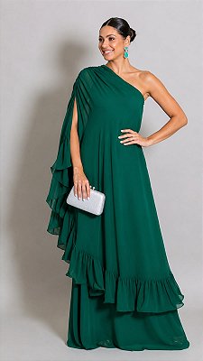 VESTIDO LONGO CREPE DE SEDA OMBRO SÓ C/ FLOR REMOVÍVEL C/ CAPA SOBREPOSTA C/ BABADOS BARRA VERDE ESMERALDA