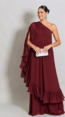 VESTIDO LONGO CREPE DE SEDA OMBRO SÓ C/ FLOR REMOVÍVEL C/ CAPA SOBREPOSTA C/ BABADOS BARRA MARSALA