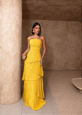 VESTIDO CHIFFON PLISSADO COM CAMADAS AMARELO