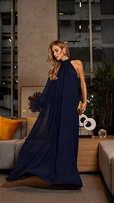 VESTIDO LONGO CREPE DE SEDA GOLA ALTA MANGA LONGA E MANGA REMOVÍVEL AZUL MARINHO