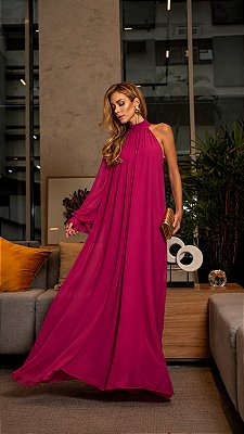 VESTIDO LONGO CREPE DE SEDA GOLA ALTA MANGA LONGA E MANGA REMOVÍVEL FUCSIA