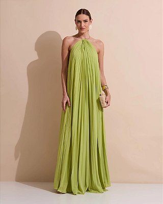 VESTIDO LONGO CREPE DE SEDA FRENTE ÚNICA GOLA C/ ARGOLA METÁLICA COMPRIMENTO PLISSADO VERDE MENTA