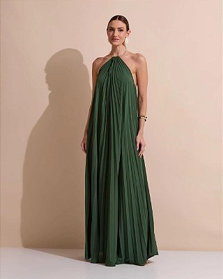 VESTIDO LONGO CREPE DE SEDA FRENTE ÚNICA GOLA C/ ARGOLA METÁLICA COMPRIMENTO PLISSADO VERDE OLIVA
