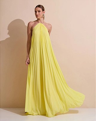 VESTIDO LONGO CREPE DE SEDA FRENTE ÚNICA GOLA C/ ARGOLA METÁLICA COMPRIMENTO PLISSADO AMARELO