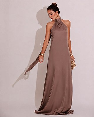 VESTIDO LONGO GOLA ALTA SEDA COM AMARRAÇÃO COSTA NUA MOCHA MOUSSE
