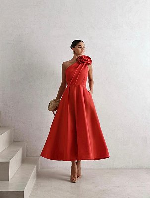 VESTIDO MIDI OMBRO SÓ C/ DETALHE EM FLOR SAIA EVASÊ VERMELHO