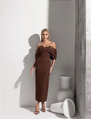 VESTIDO MIDI TOMARA QUE CAIA BUSTO C/ DETALHE EM LAÇO MARROM
