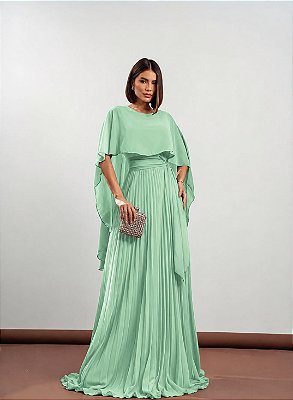 VESTIDO LONGO PLISSADO COM MANGA CAPA  VERDE MENTA