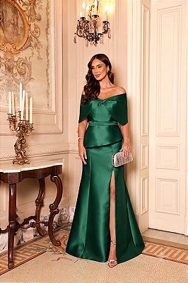 VESTIDO LONGO ZIBELINE TOMARA QUE CAIA ACOMPANHA MANGA REMOVIVEL VERDE ESMERALDA