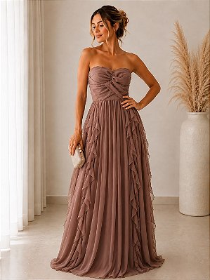 VESTIDO LONGO CHIFFON TOMARA QUE CAIA DRAPEADO CRUZADO BUSTO SAIA BABADOS VERTICAIS MOCHA MOUSSE