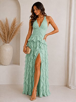 VESTIDO LONGO CREPE DE SEDA FRENTE ÚNICA COM AMARRAÇÃO FENDA LATERAL SAIA BABADOS VERTICAIS VERDE MENTA