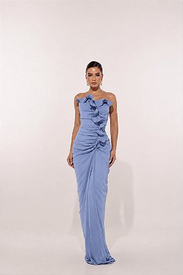 VESTIDO LONGO CREPE DE SEDA DECOTE CÔNCAVO DETALHE BABADO PLISSADO VERTICAL AZUL SERENITY