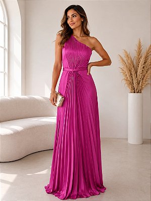 VESTIDO LONGO SEDA UM OMBRO SÓ DETALHE PLISSADO FRENTE PALA CINTURA PINK