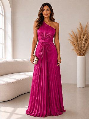 VESTIDO LONGO SEDA UM OMBRO SÓ DETALHE PLISSADO FRENTE PALA CINTURA FUCSIA