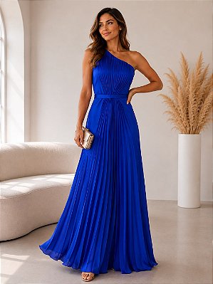 VESTIDO LONGO SEDA UM OMBRO SÓ DETALHE PLISSADO FRENTE PALA CINTURA AZUL ROYAL