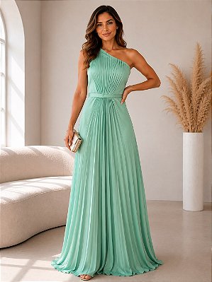VESTIDO LONGO SEDA UM OMBRO SÓ DETALHE PLISSADO FRENTE PALA CINTURA VERDE MENTA