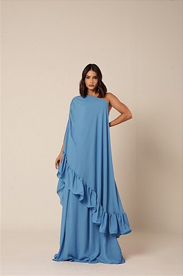VESTIDO LONGO CHIFFON OMBRO SÓ SOBREPOSTO C/ CAPA C/ BABADOS BARRA AZUL SERENITY