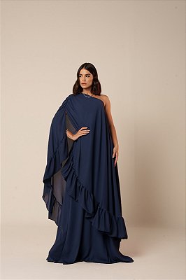 VESTIDO LONGO CHIFFON OMBRO SÓ SOBREPOSTO C/ CAPA C/ BABADOS BARRA AZUL MARINHO