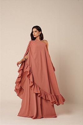 VESTIDO LONGO CHIFFON OMBRO SÓ SOBREPOSTO C/ CAPA C/ BABADOS BARRA TERRACOTA