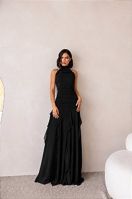 VESTIDO LONGO CHIFON GOLA ALTA DRAPEADO COM CAMADAS VERTICAIS PRETO