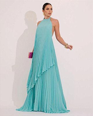 VESTIDO LONGO CHIFFON FRENTE ÚNICA PLISSADO SOBREPOSTO TIFANNY