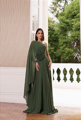 VESTIDO LONGO CHIFFON ALÇA FINA UM OMBRO SÓ C/ CAPA E FLOR REMOVÍVEL  SAIA PLISSADA VERDE OLIVA