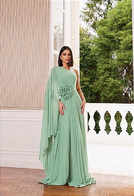 VESTIDO LONGO CHIFFON ALÇA FINA UM OMBRO SÓ C/ CAPA E FLOR REMOVÍVEL  SAIA PLISSADA VERDE MENTA