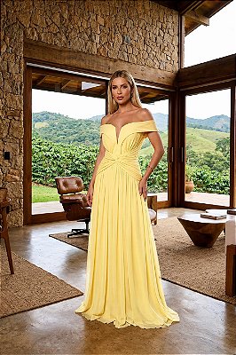VESTIDO LONGO MICROTULE OMBRO A OMBRO ALÇAS LARGAS BUSTO E CINTURA C/ DETALHE DRAPEADO AMARELO