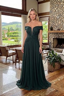 VESTIDO LONGO MICROTULE OMBRO A OMBRO ALÇAS LARGAS BUSTO E CINTURA C/ DETALHE DRAPEADO VERDE ESMERALDA