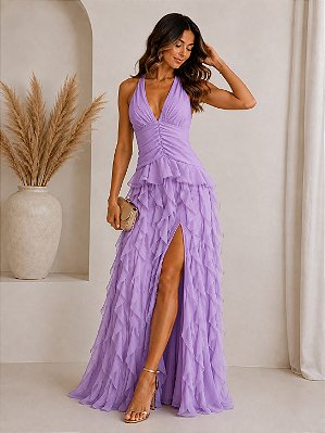 VESTIDO LONGO CREPE DE SEDA FRENTE ÚNICA COM AMARRAÇÃO FENDA LATERAL SAIA BABADOS VERTICAIS LILAS
