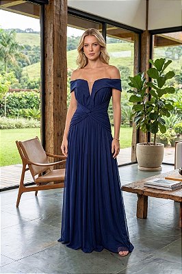 VESTIDO LONGO MICROTULE OMBRO A OMBRO ALÇAS LARGAS BUSTO E CINTURA C/ DETALHE DRAPEADO AZUL MARINHO