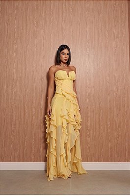 VESTIDO LONGO CHIFFON TOMARA QUE CAIA C/ DECOTE CORAÇÃO DETALHE DRAPEADO BUSTO SAIA C/ BABADOS CASCATA AMARELO