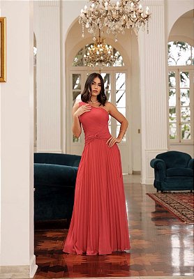 VESTIDO LONGO CHIFFON OMBRO SÓ BUSTO DRAPEADO C/ DETALHE CINTURA SAIA PLISSADA VERMELHO