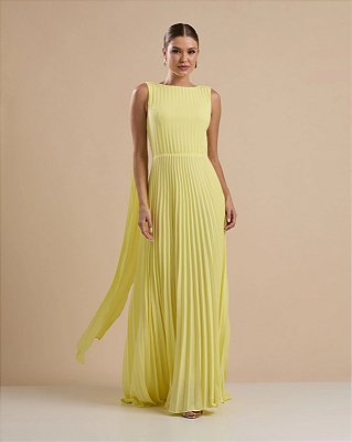 VESTIDO LONGO CHIFFON DECOTE ARREDONDADO MANGA C/ DETALHE CAPA PLISSADO AMARELO