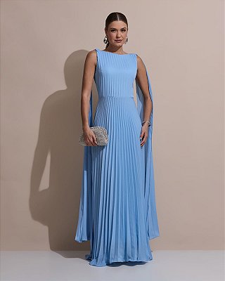 VESTIDO LONGO CHIFFON DECOTE ARREDONDADO MANGA C/ DETALHE CAPA PLISSADO AZUL SERENITY